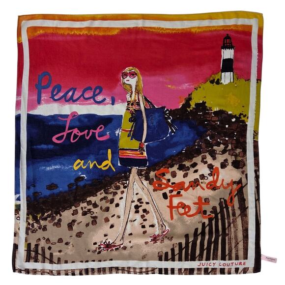 Juicy Couture Y2K Beach Scarf | Peace Love Sandy Feet | Retro Summer Vibes |Silk - Picture 2 of 8